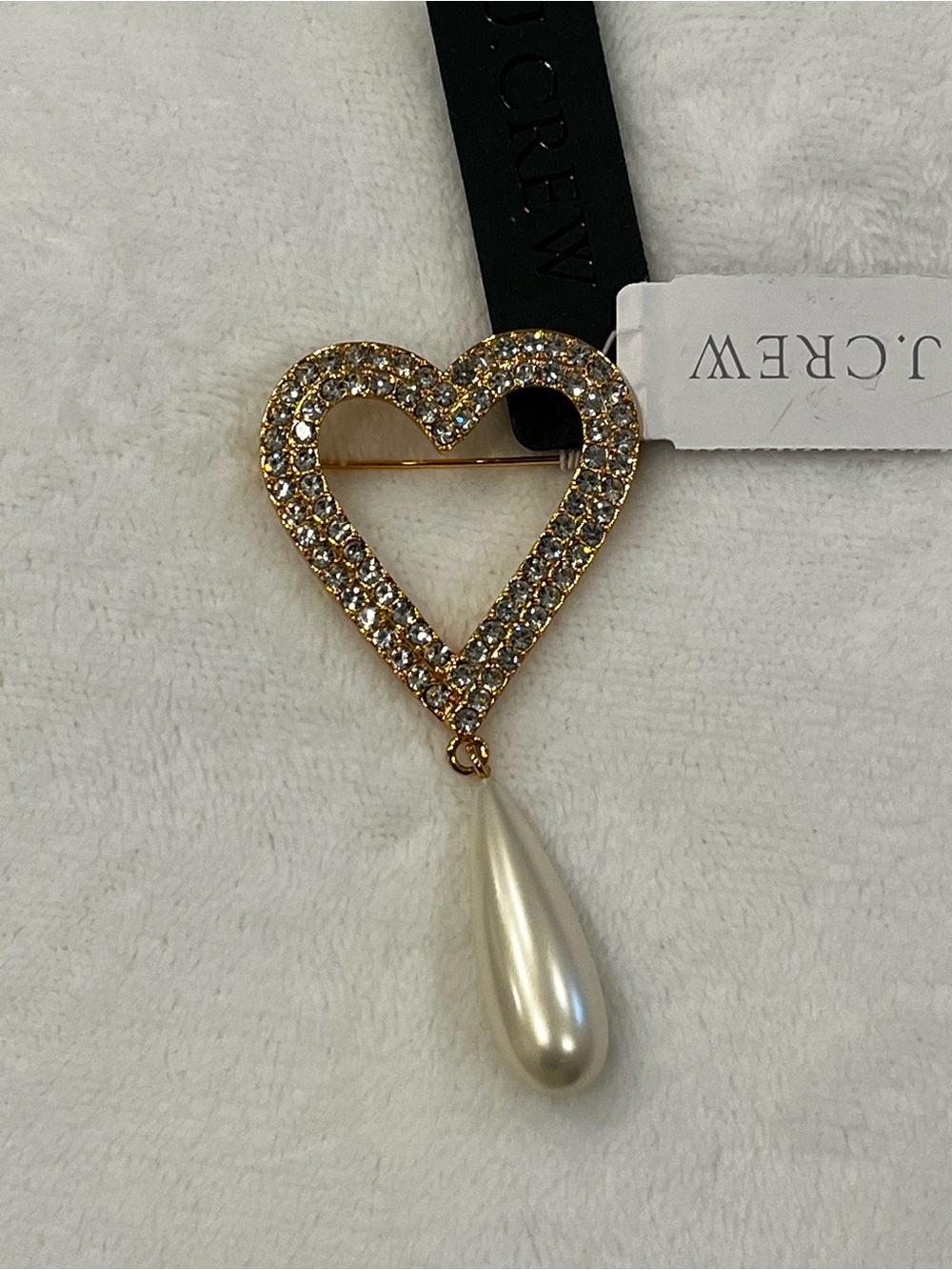 J. Crew Gold Crystal Heart Brooch with Pearl Teardrop